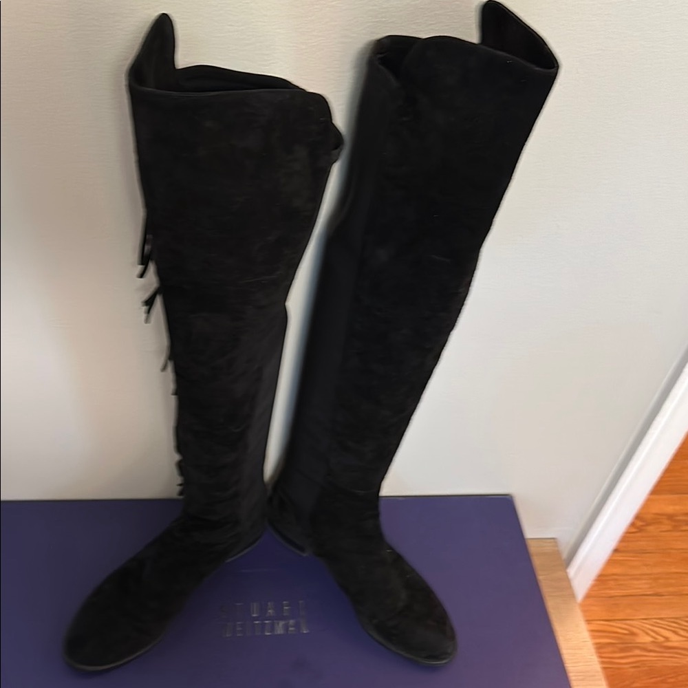 WORN ONCE Stuart Weitzman Black Suede Fringe 5050 Over-the-Knee Boots Mane - Picture 5 of 11